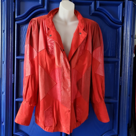 80s Vintage Red Patchwork Leather Jacket - Picture 6 of 16
